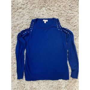 Michael Kors Blue Knit Sweater XL Long‎ Sleeve Lace Up Shoulder Detail